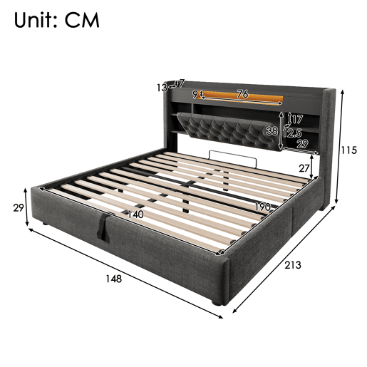 Cama de casal de linho 140x190 cm com armazenamento e luz led,cinza Cama de casal de linho 140x190 cm com armazenamento e luz led,cinza