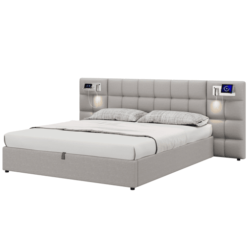 Cama de casal de linho 180x200 cm com armazenamento,cinza Cama de casal de linho 180x200 cm com armazenamento,cinza