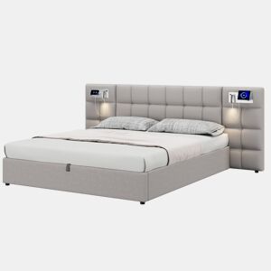 Cama de casal de linho 180x200 cm com armazenamento,cinza