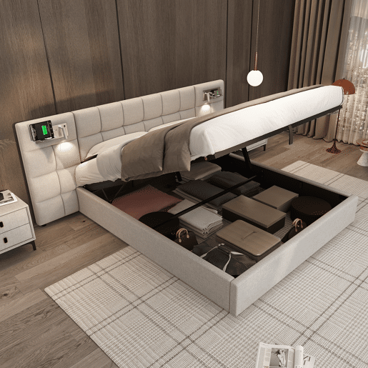 Cama de casal de linho 180x200 cm com armazenamento,cinza Cama de casal de linho 180x200 cm com armazenamento,cinza