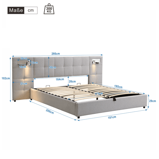 Cama de casal de linho 180x200 cm com armazenamento,cinza Cama de casal de linho 180x200 cm com armazenamento,cinza