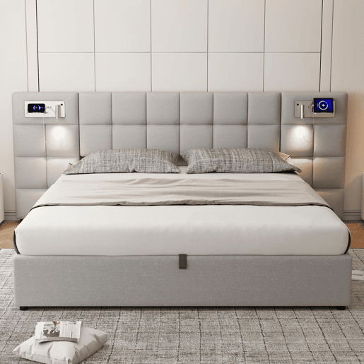 Cama de casal de linho 180x200 cm com armazenamento,cinza Cama de casal de linho 180x200 cm com armazenamento,cinza