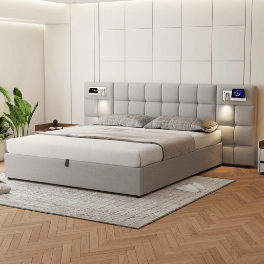 Cama de casal de linho 180x200 cm com armazenamento,cinza Cama de casal de linho 180x200 cm com armazenamento,cinza
