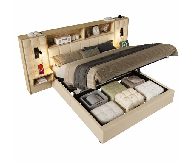 Cama de matrimonio de lino 180x200 cm con almacenaje y luz led,beige