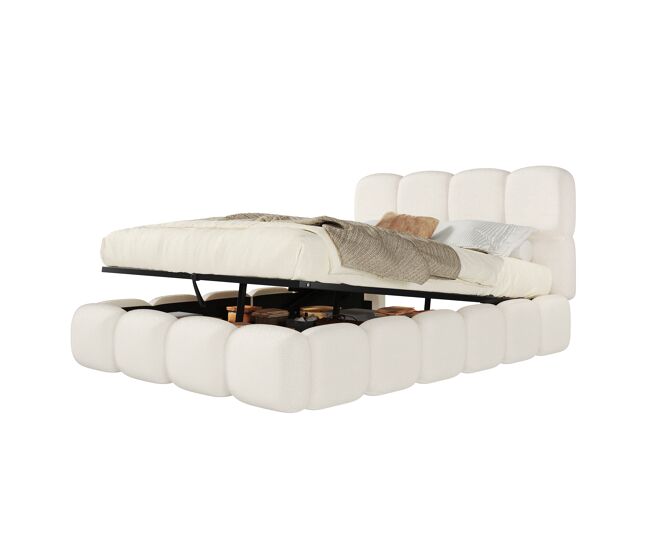 Cama de matrimonio de tela 140x200 cm con almacenaje,blanco