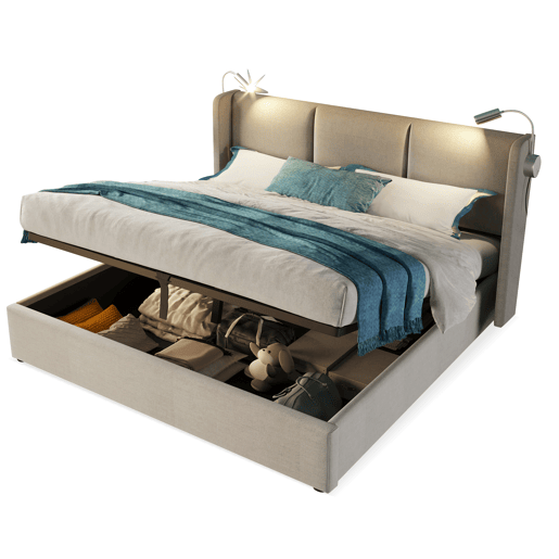 Cama de casal de linho 180x200 cm com armazenamento e luz led,bege Cama de casal de linho 180x200 cm com armazenamento e luz led,bege
