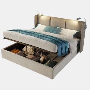 Cama de casal de linho 180x200 cm com armazenamento e luz led,bege