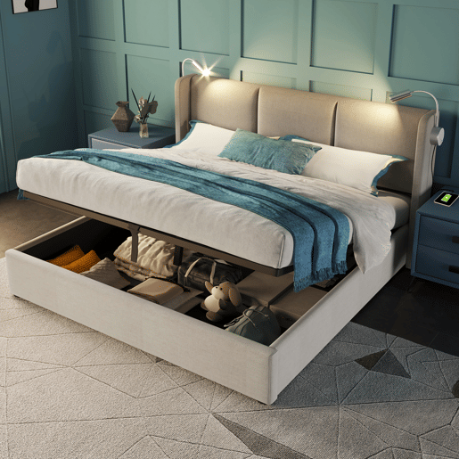 Cama de casal de linho 180x200 cm com armazenamento e luz led,bege Cama de casal de linho 180x200 cm com armazenamento e luz led,bege