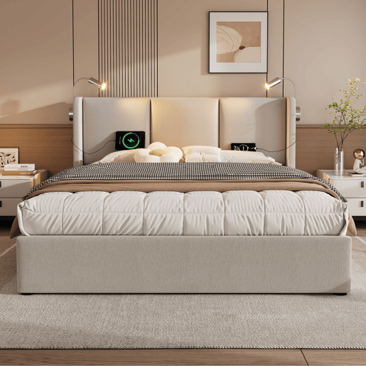 Cama de casal de linho 180x200 cm com armazenamento e luz led,bege Cama de casal de linho 180x200 cm com armazenamento e luz led,bege