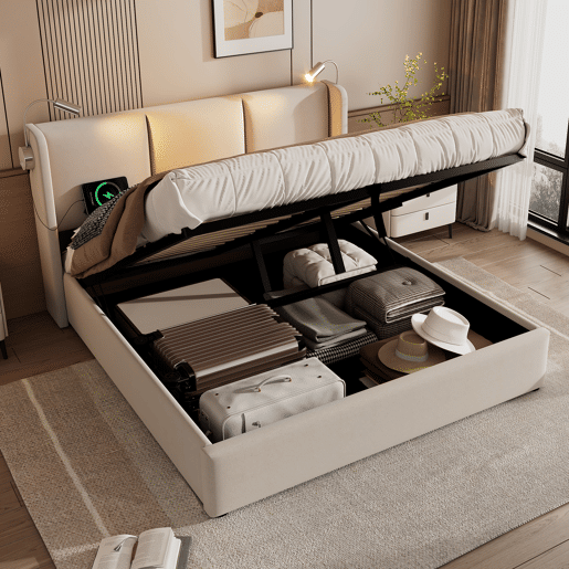 Cama de casal de linho 180x200 cm com armazenamento e luz led,bege Cama de casal de linho 180x200 cm com armazenamento e luz led,bege