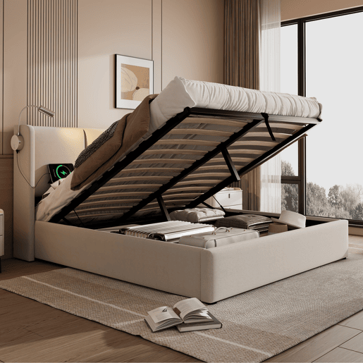 Cama de casal de linho 180x200 cm com armazenamento e luz led,bege Cama de casal de linho 180x200 cm com armazenamento e luz led,bege