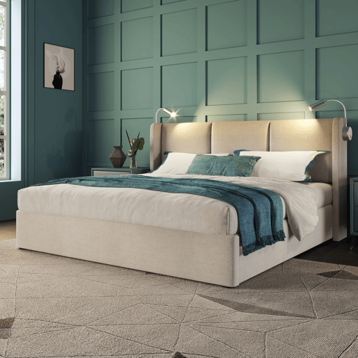 Cama de casal de linho 180x200 cm com armazenamento e luz led,bege Cama de casal de linho 180x200 cm com armazenamento e luz led,bege