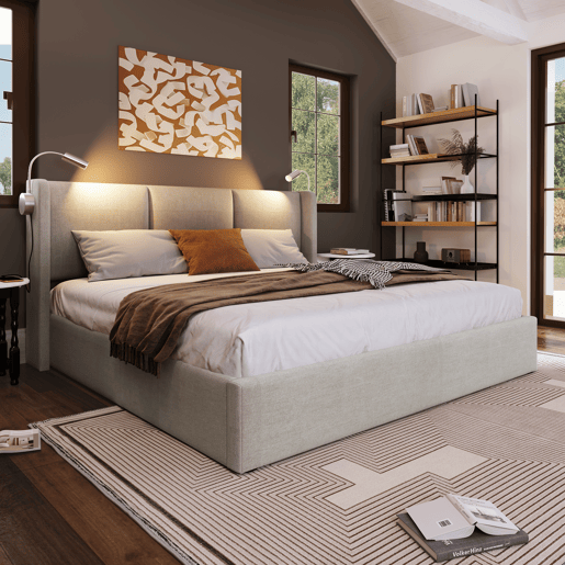 Cama de casal de linho 180x200 cm com armazenamento e luz led,bege Cama de casal de linho 180x200 cm com armazenamento e luz led,bege