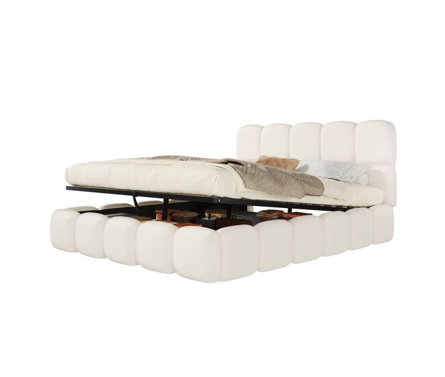Cama de matrimonio de tela 160x200 cm con almacenaje,blanco