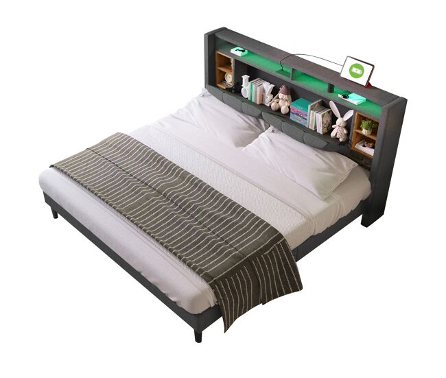 Cama de matrimonio de madera maciza 160x200 cm con luz led,gris