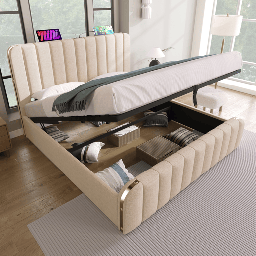 Cama de casal de linho 140x190 cm com armazenamento,bege Cama de casal de linho 140x190 cm com armazenamento,bege