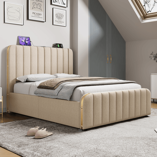 Cama de casal de linho 140x190 cm com armazenamento,bege Cama de casal de linho 140x190 cm com armazenamento,bege