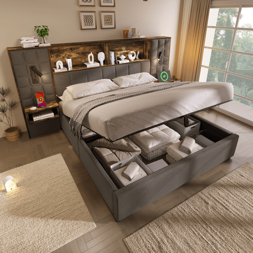 Cama de casal de linho 180x200 cm com armazenamento e luz led,cinza Cama de casal de linho 180x200 cm com armazenamento e luz led,cinza