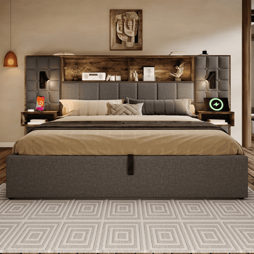 Cama de casal de linho 180x200 cm com armazenamento e luz led,cinza Cama de casal de linho 180x200 cm com armazenamento e luz led,cinza