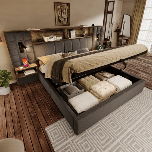 Cama de casal de linho 180x200 cm com armazenamento e luz led,cinza Cama de casal de linho 180x200 cm com armazenamento e luz led,cinza