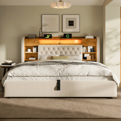 Cama de casal de linho 160x200 cm com armazenamento e luz led,bege Cama de casal de linho 160x200 cm com armazenamento e luz led,bege