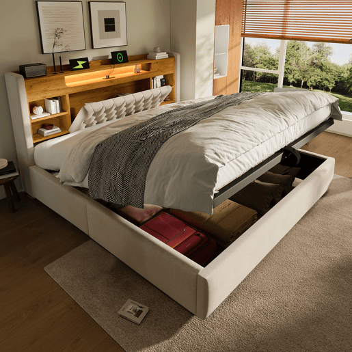 Cama de casal de linho 160x200 cm com armazenamento e luz led,bege Cama de casal de linho 160x200 cm com armazenamento e luz led,bege
