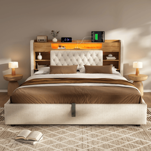 Cama de casal de linho 160x200 cm com armazenamento e luz led,bege Cama de casal de linho 160x200 cm com armazenamento e luz led,bege
