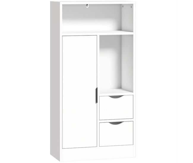 Homcom mueble de baño estrecho armario de baño con 2 cajones compartimento abierto y estante ajustable para espacio pequeño cocina salón 50x25x100 cm