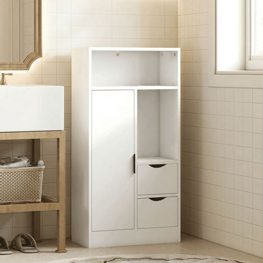 HOMCOM Armário Estreito para Casa de Banho com 2 Gavetas, Compartimentos Abertos e Prateleira Ajustável 50x25x100 cm Branco HOMCOM Armário Estreito para Casa de Banho com 2 Gavetas, Compartimentos Abertos e Prateleira Ajustável 50x25x100 cm Branco