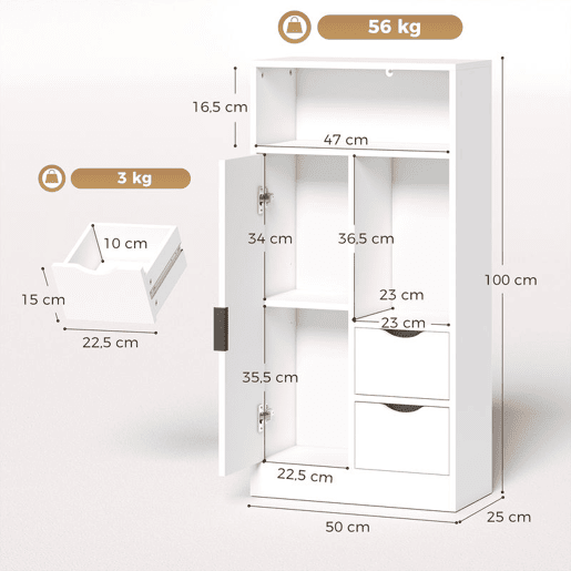 HOMCOM Armário Estreito para Casa de Banho com 2 Gavetas, Compartimentos Abertos e Prateleira Ajustável 50x25x100 cm Branco HOMCOM Armário Estreito para Casa de Banho com 2 Gavetas, Compartimentos Abertos e Prateleira Ajustável 50x25x100 cm Branco