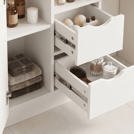 HOMCOM Armário Estreito para Casa de Banho com 2 Gavetas, Compartimentos Abertos e Prateleira Ajustável 50x25x100 cm Branco HOMCOM Armário Estreito para Casa de Banho com 2 Gavetas, Compartimentos Abertos e Prateleira Ajustável 50x25x100 cm Branco