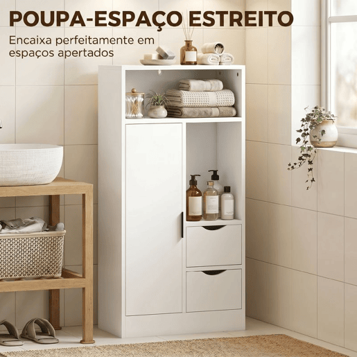 HOMCOM Armário Estreito para Casa de Banho com 2 Gavetas, Compartimentos Abertos e Prateleira Ajustável 50x25x100 cm Branco HOMCOM Armário Estreito para Casa de Banho com 2 Gavetas, Compartimentos Abertos e Prateleira Ajustável 50x25x100 cm Branco