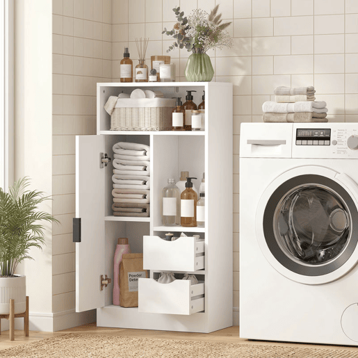 HOMCOM Armário Estreito para Casa de Banho com 2 Gavetas, Compartimentos Abertos e Prateleira Ajustável 50x25x100 cm Branco HOMCOM Armário Estreito para Casa de Banho com 2 Gavetas, Compartimentos Abertos e Prateleira Ajustável 50x25x100 cm Branco