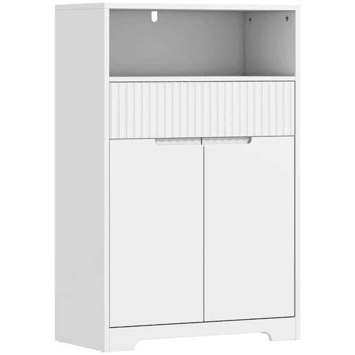 HOMCOM Armário Estreito para Casa de Banho com Gaveta Canelada, Prateleira Aberta, 2 Portas e Prateleira Ajustável, 60x30x91,5 cm, Branco HOMCOM Armário Estreito para Casa de Banho com Gaveta Canelada, Prateleira Aberta, 2 Portas e Prateleira Ajustável, 60x30x91,5 cm, Branco