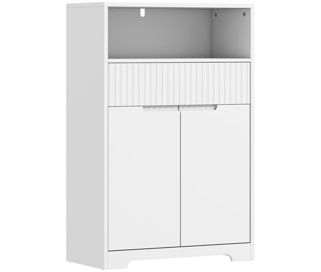 Homcom armario de baño estrecho, mueble de baño con cajón de frontal acanalado, estante abierto, 2 puertas y estante ajustable, estilo moderno, 60x30x91,5 cm, blanco