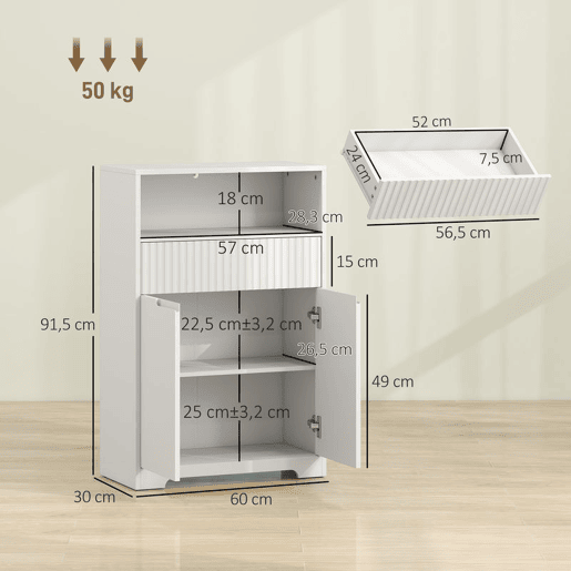 HOMCOM Armário Estreito para Casa de Banho com Gaveta Canelada, Prateleira Aberta, 2 Portas e Prateleira Ajustável, 60x30x91,5 cm, Branco HOMCOM Armário Estreito para Casa de Banho com Gaveta Canelada, Prateleira Aberta, 2 Portas e Prateleira Ajustável, 60x30x91,5 cm, Branco