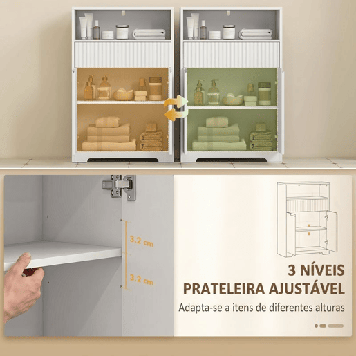 HOMCOM Armário Estreito para Casa de Banho com Gaveta Canelada, Prateleira Aberta, 2 Portas e Prateleira Ajustável, 60x30x91,5 cm, Branco HOMCOM Armário Estreito para Casa de Banho com Gaveta Canelada, Prateleira Aberta, 2 Portas e Prateleira Ajustável, 60x30x91,5 cm, Branco