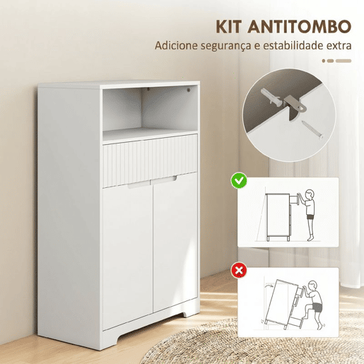 HOMCOM Armário Estreito para Casa de Banho com Gaveta Canelada, Prateleira Aberta, 2 Portas e Prateleira Ajustável, 60x30x91,5 cm, Branco HOMCOM Armário Estreito para Casa de Banho com Gaveta Canelada, Prateleira Aberta, 2 Portas e Prateleira Ajustável, 60x30x91,5 cm, Branco
