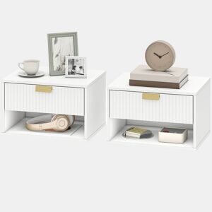 Conjunto de 2 mesas de cabeceira suspensas com gaveta, frente ondulada e prateleira aberta, design moderno, 40x30x25 cm, brancas