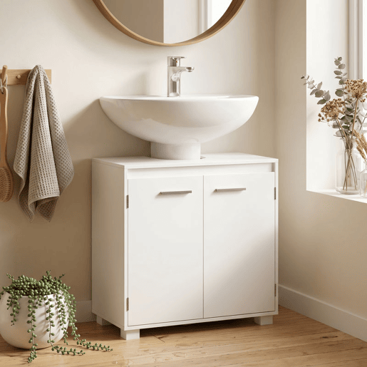 HOMCOM Móvel Sob o Lavatório, Armário de Casa de Banho com Prateleira Ajustável, 2 Portas e Recorte em U, para Lavatório com ou sem Coluna, 60x30x60 cm, Branco HOMCOM Móvel Sob o Lavatório, Armário de Casa de Banho com Prateleira Ajustável, 2 Portas e Recorte em U, para Lavatório com ou sem Coluna, 60x30x60 cm, Branco