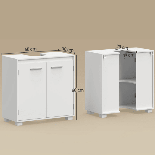 HOMCOM Móvel Sob o Lavatório, Armário de Casa de Banho com Prateleira Ajustável, 2 Portas e Recorte em U, para Lavatório com ou sem Coluna, 60x30x60 cm, Branco HOMCOM Móvel Sob o Lavatório, Armário de Casa de Banho com Prateleira Ajustável, 2 Portas e Recorte em U, para Lavatório com ou sem Coluna, 60x30x60 cm, Branco