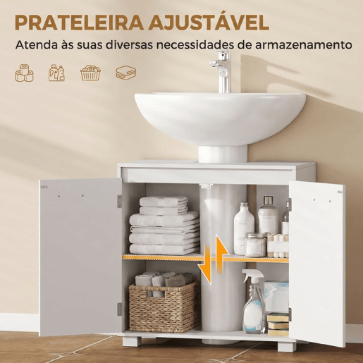 HOMCOM Móvel Sob o Lavatório, Armário de Casa de Banho com Prateleira Ajustável, 2 Portas e Recorte em U, para Lavatório com ou sem Coluna, 60x30x60 cm, Branco HOMCOM Móvel Sob o Lavatório, Armário de Casa de Banho com Prateleira Ajustável, 2 Portas e Recorte em U, para Lavatório com ou sem Coluna, 60x30x60 cm, Branco
