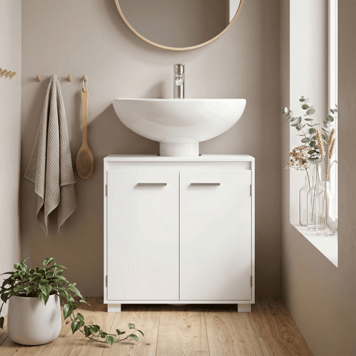 HOMCOM Móvel Sob o Lavatório, Armário de Casa de Banho com Prateleira Ajustável, 2 Portas e Recorte em U, para Lavatório com ou sem Coluna, 60x30x60 cm, Branco HOMCOM Móvel Sob o Lavatório, Armário de Casa de Banho com Prateleira Ajustável, 2 Portas e Recorte em U, para Lavatório com ou sem Coluna, 60x30x60 cm, Branco