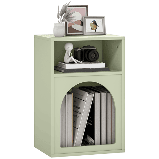 Mesa de cabeceira estreita com 2 compartimentos abertos, design em forma de arco, 40x30x60 cm, verde Mesa de cabeceira estreita com 2 compartimentos abertos, design em forma de arco, 40x30x60 cm, verde