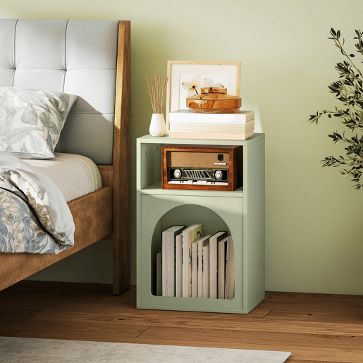 Mesa de cabeceira estreita com 2 compartimentos abertos, design em forma de arco, 40x30x60 cm, verde Mesa de cabeceira estreita com 2 compartimentos abertos, design em forma de arco, 40x30x60 cm, verde