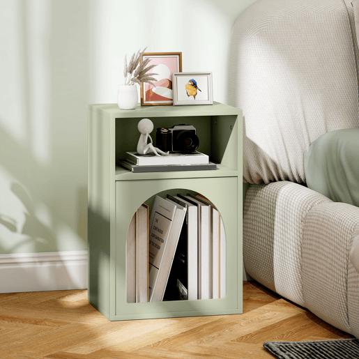 Mesa de cabeceira estreita com 2 compartimentos abertos, design em forma de arco, 40x30x60 cm, verde Mesa de cabeceira estreita com 2 compartimentos abertos, design em forma de arco, 40x30x60 cm, verde