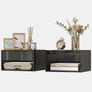 Conjunto de 2 mesas de cabeceira suspensas com gaveta para quarto, 37x32x21 cm, preto brilhante