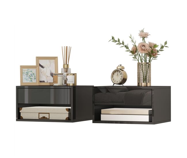 Juego de 2 mesitas de noche flotantes mesillas de noche con cajón para dormitorio 37x32x21 cm negro brillo