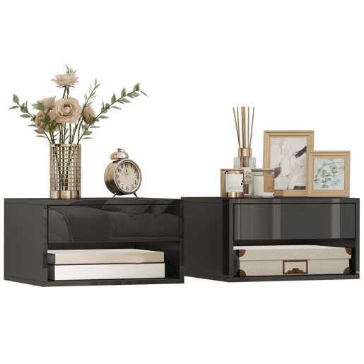 Conjunto de 2 mesas de cabeceira suspensas com gaveta para quarto, 37x32x21 cm, preto brilhante Conjunto de 2 mesas de cabeceira suspensas com gaveta para quarto, 37x32x21 cm, preto brilhante