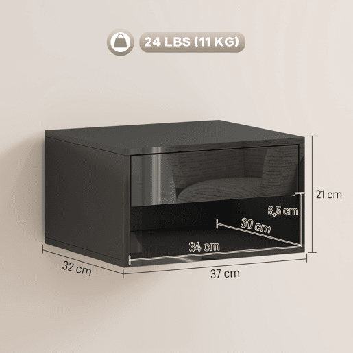 Conjunto de 2 mesas de cabeceira suspensas com gaveta para quarto, 37x32x21 cm, preto brilhante Conjunto de 2 mesas de cabeceira suspensas com gaveta para quarto, 37x32x21 cm, preto brilhante